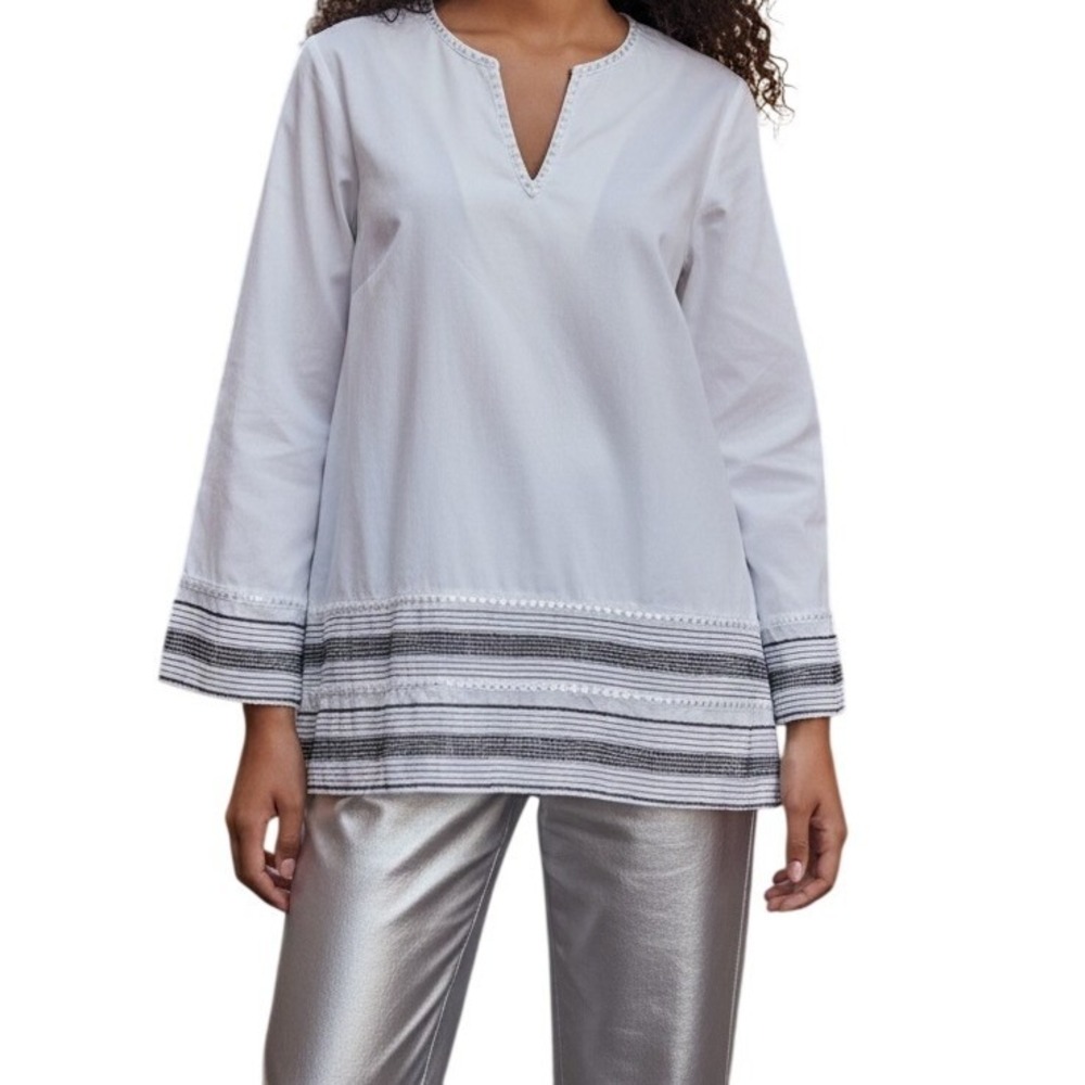 JULES REID Bright White Split Neck Cotton Tunic Top Metallic Stripe Trim Size 2